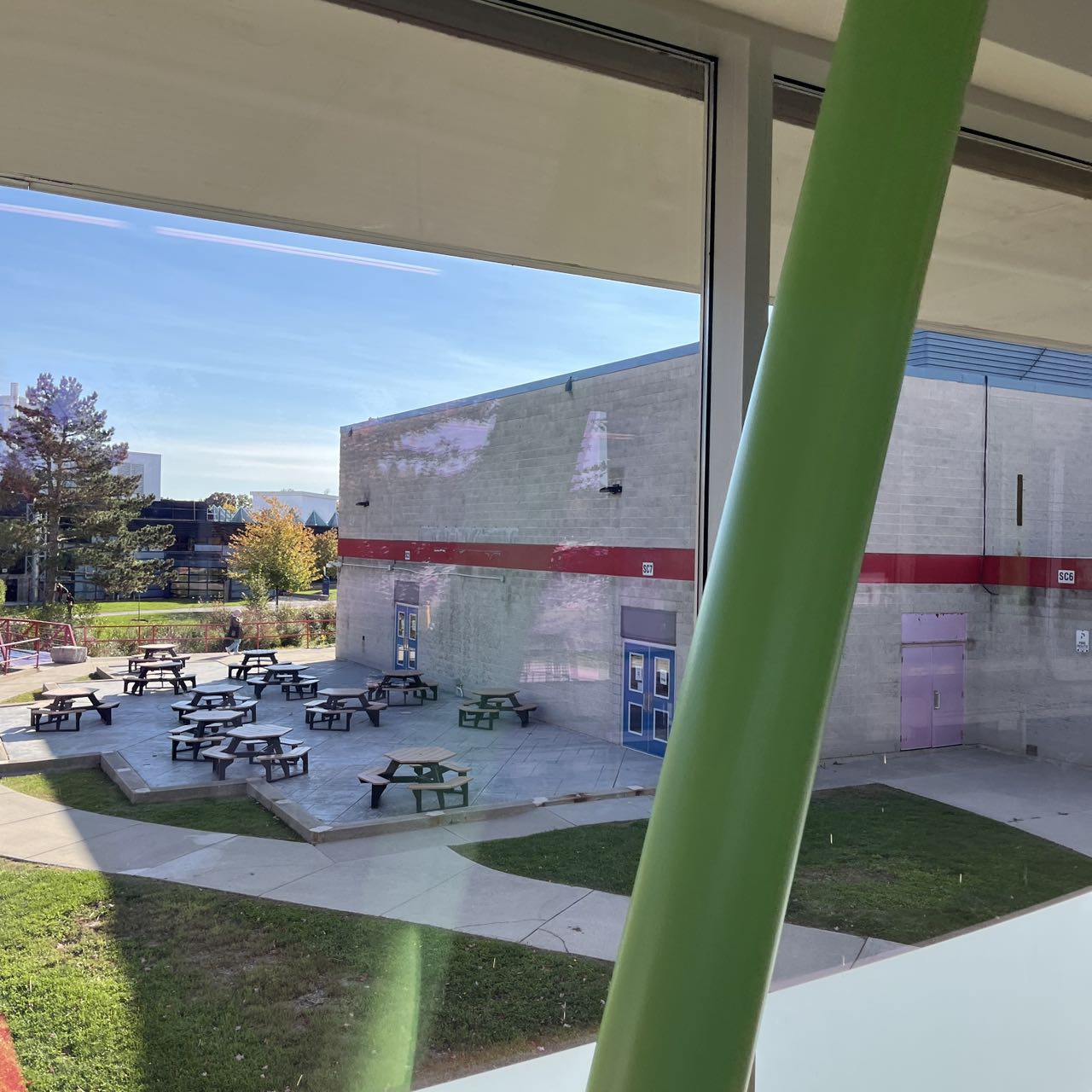 Outside the window in the corridor of the J Building